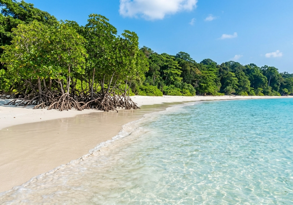 Turquoise ocean and white sand at Radhanagar Beach, Andaman Islands