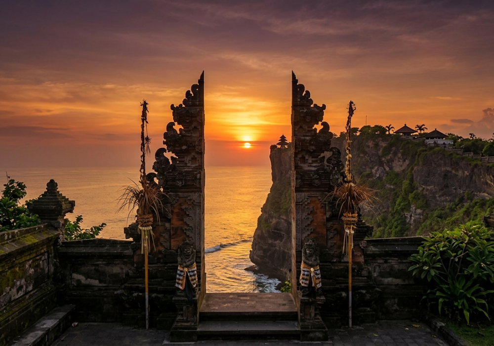 Traditional Balinese temple gateway framing a tropical sunset