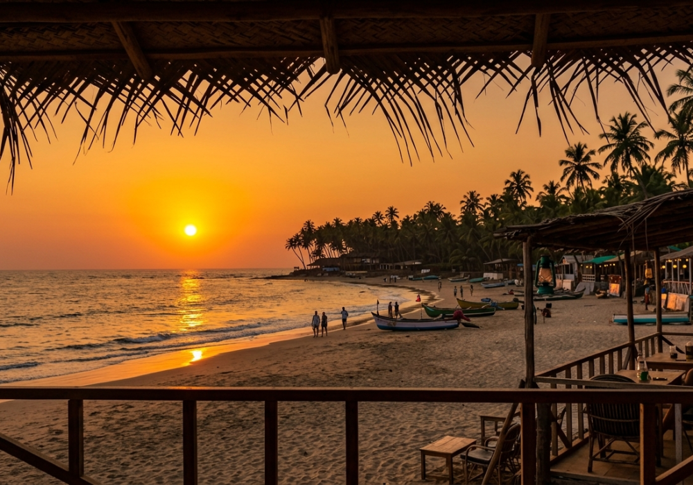Golden sunset over a palm-lined beach in North Goa