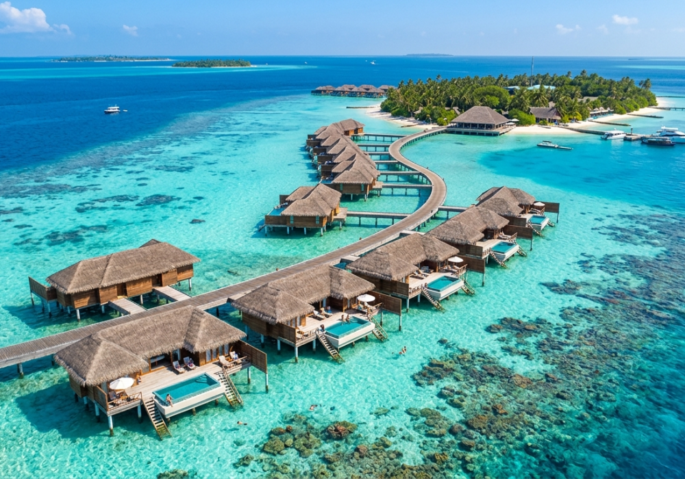 Luxury overwater villas perched above turquoise coral reefs in the Maldives