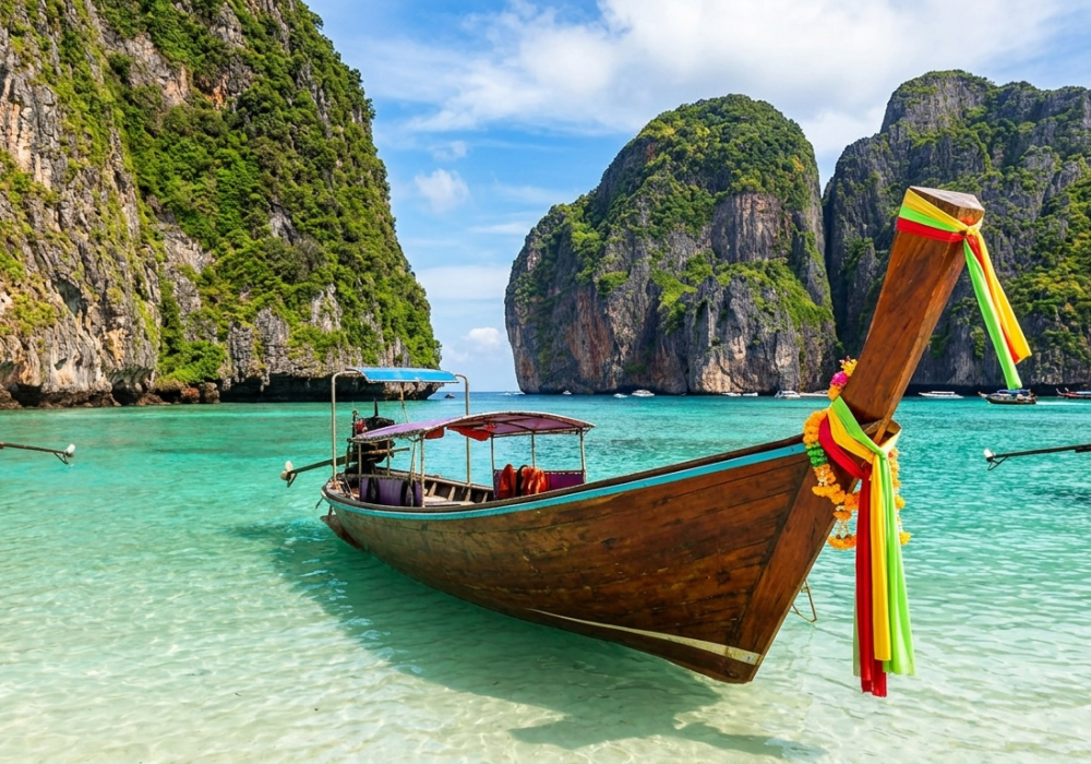 Traditional longtail boat on crystal clear waters in Thailand